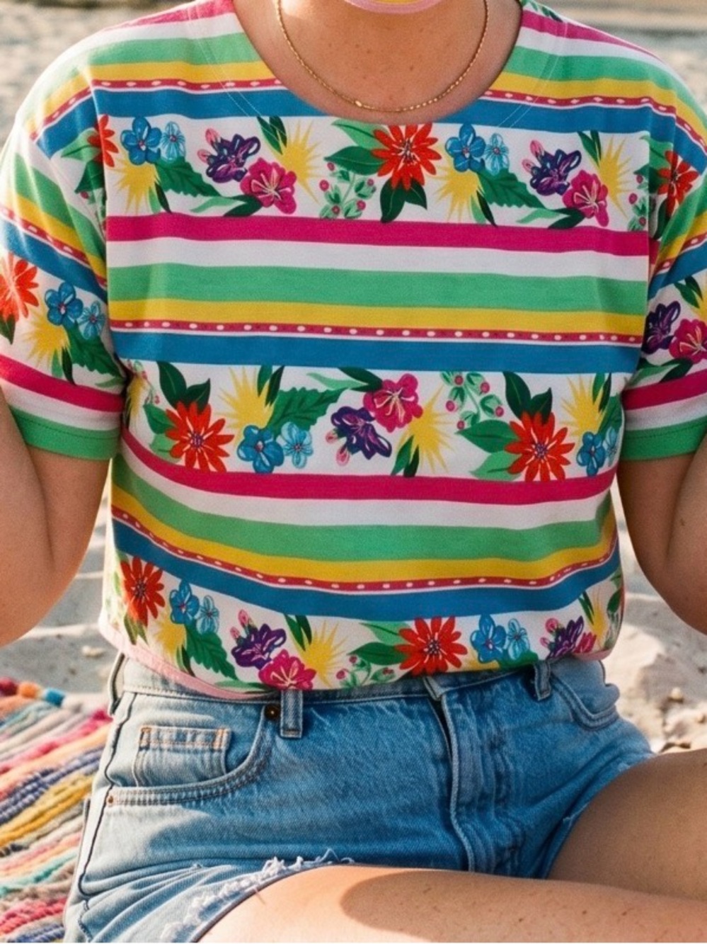 Liz Sport Floral Stripe Vintage Tee - Size M